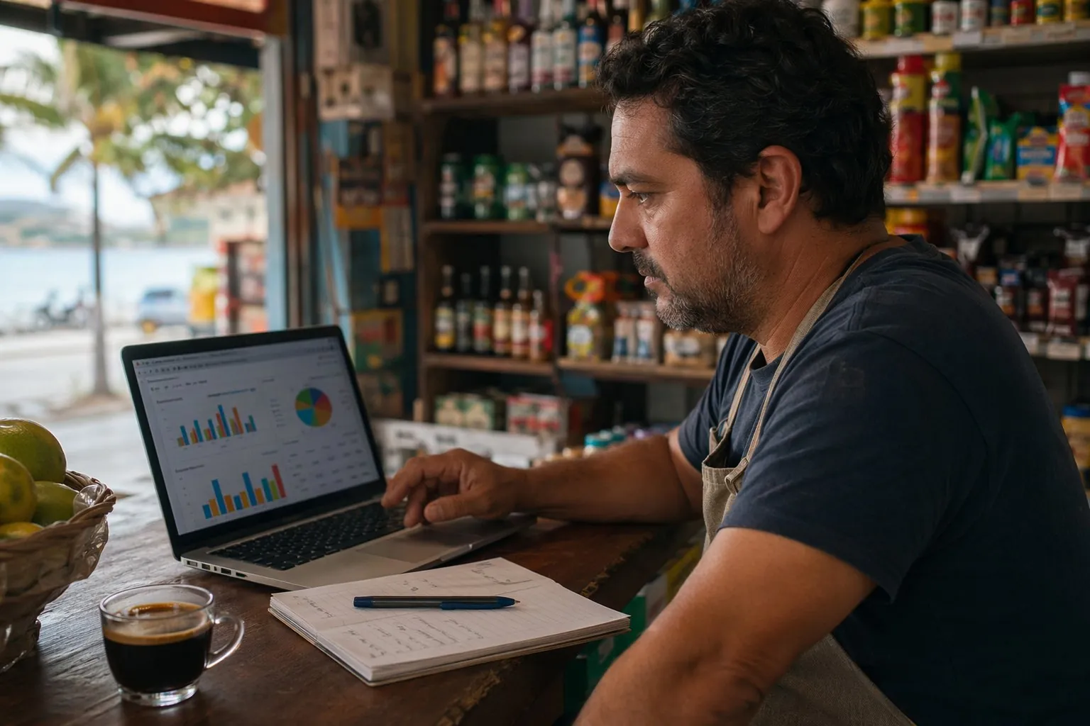 Dono de pequeno negócio analisando relatório de Google Ads no notebook