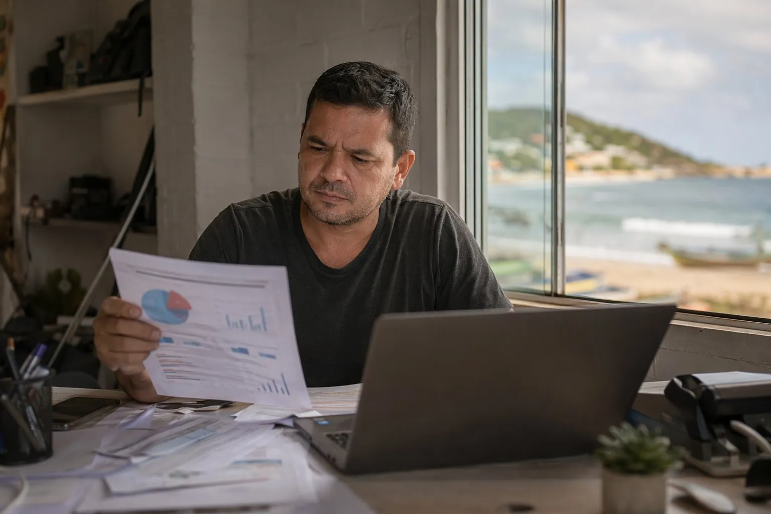 Dono de empresa na Baixada Santista avaliando um relatório de marketing no escritório